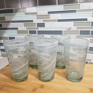 Hand Blown Art Glass White Swirl Tea Water Tumbler 16oz Set of 5